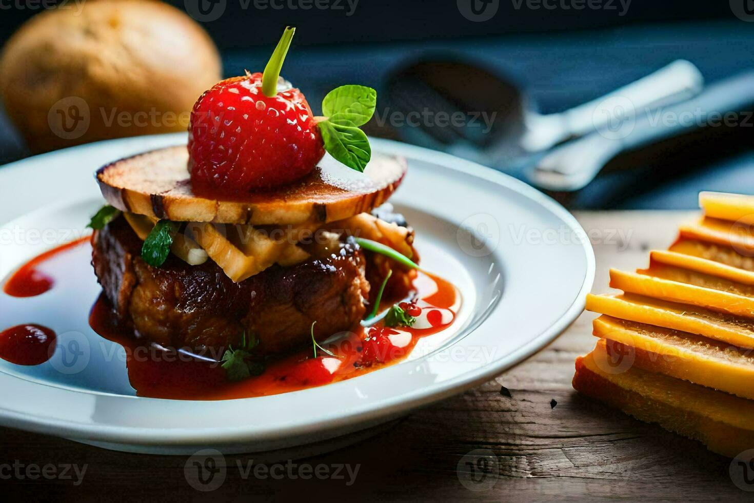 a plate with a steak and a strawberry on it. AI-Generated photo