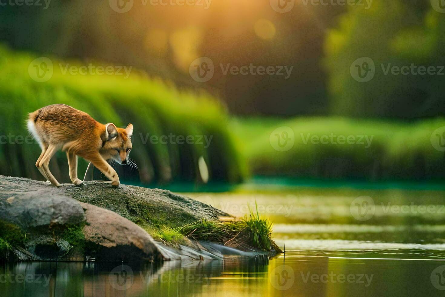 fox on a rock by the water. AI-Generated photo