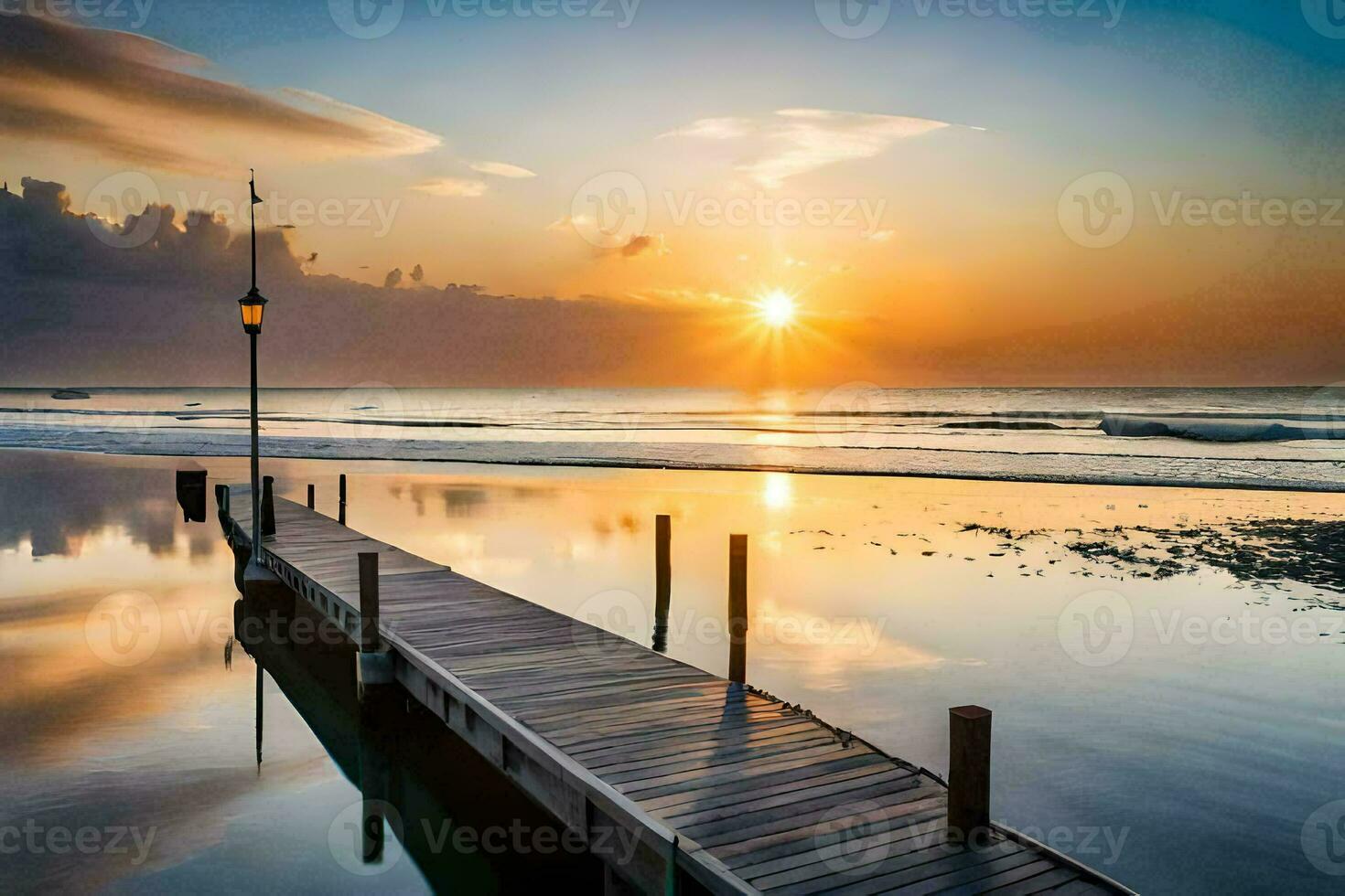 the sun rises over the ocean and pier at sunset. AI-Generated photo