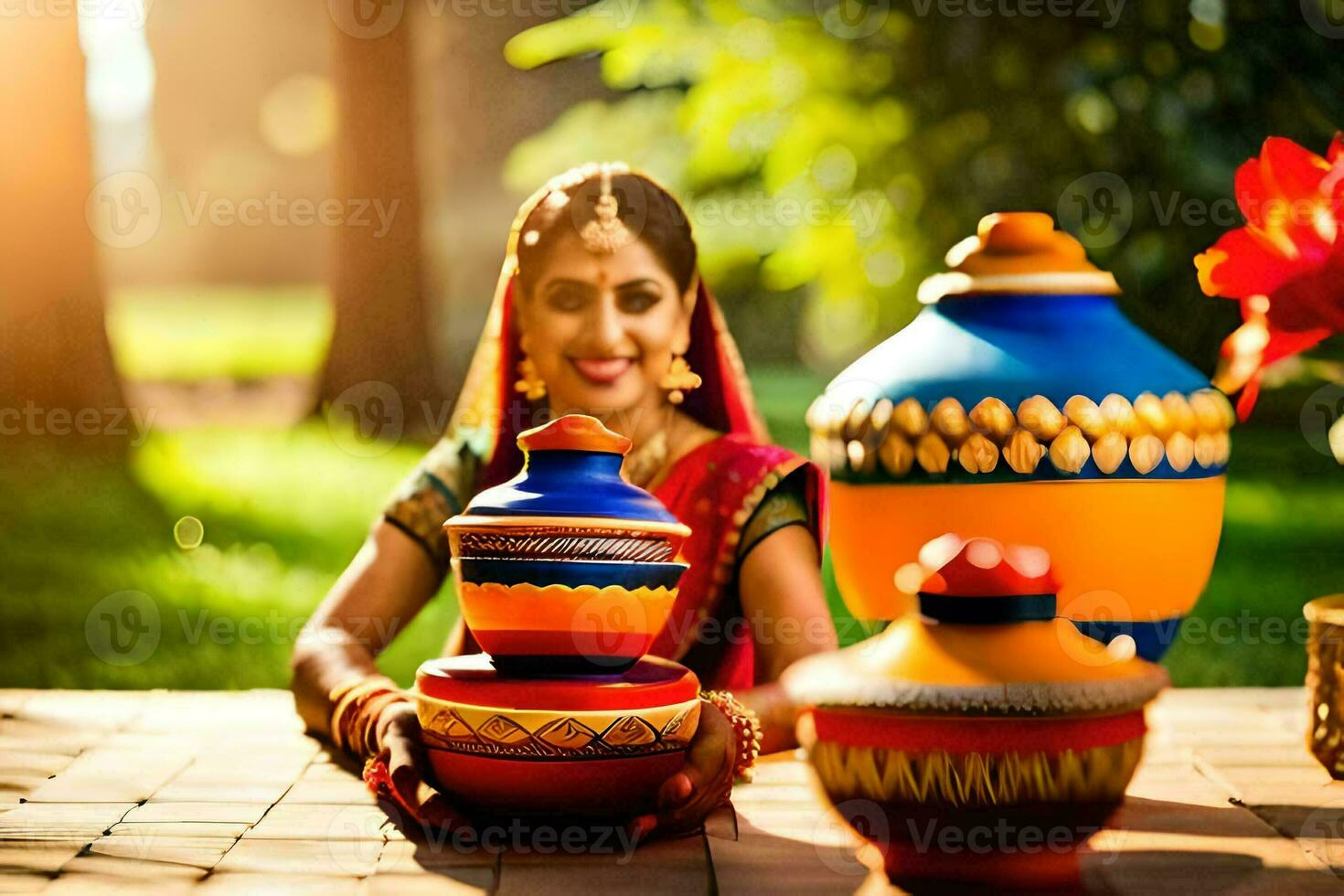 un mujer en tradicional indio vestir se sienta en un banco con vistoso ollas. generado por ai foto