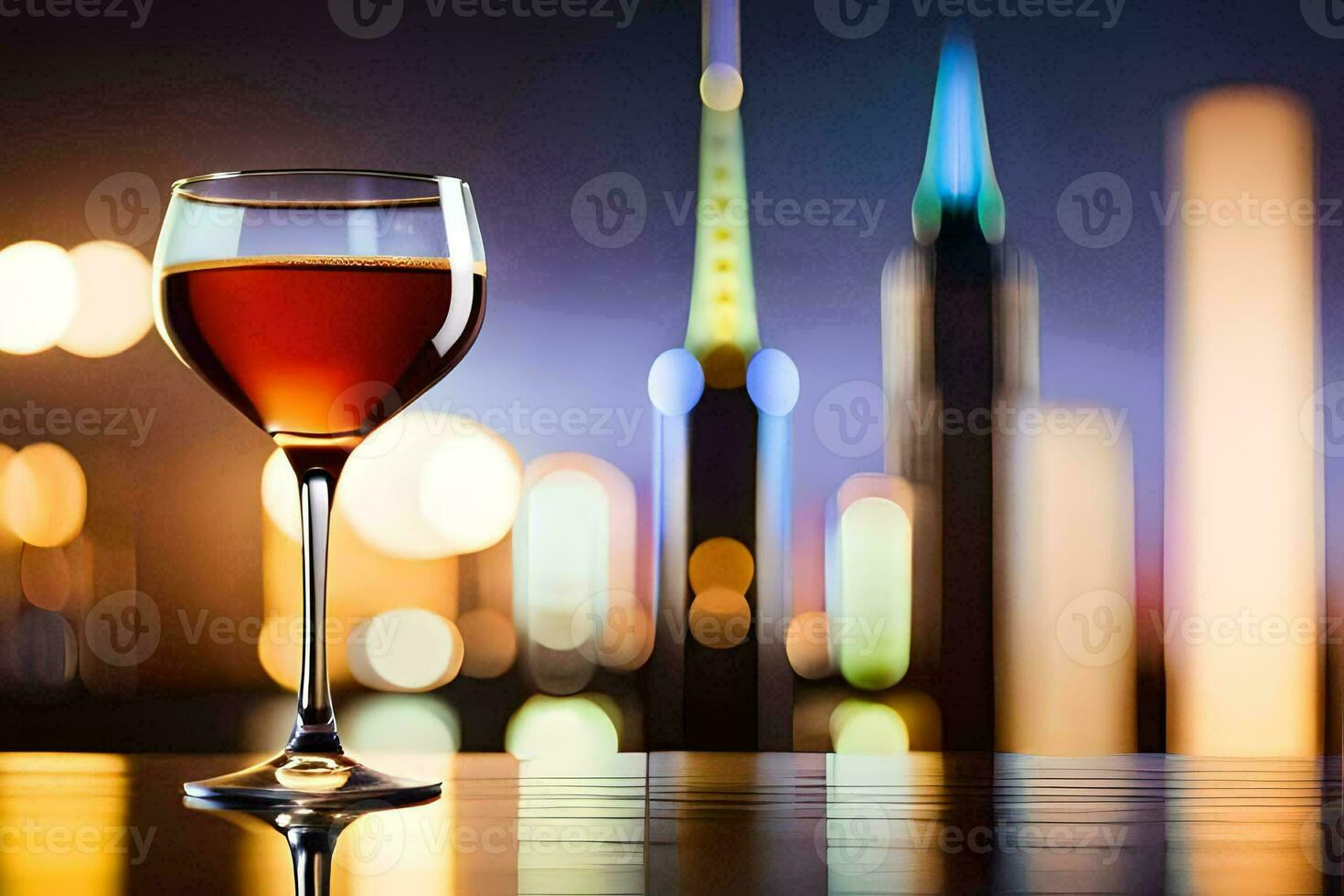 a glass of wine on a table in front of a city skyline. AI-Generated photo