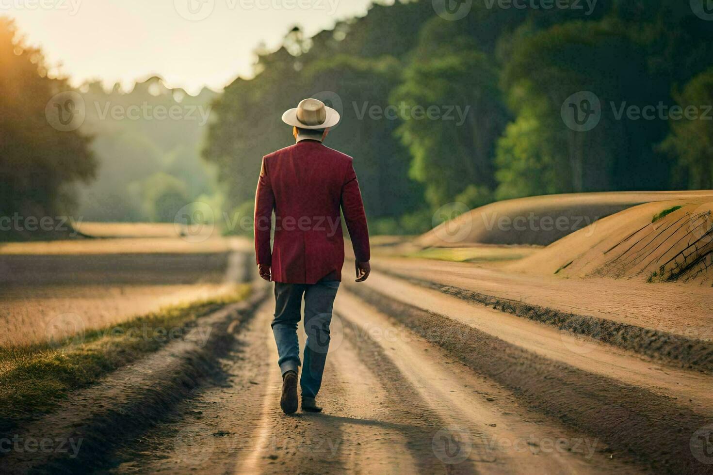 a man in a red jacket and hat walks down a dirt road. AI-Generated photo