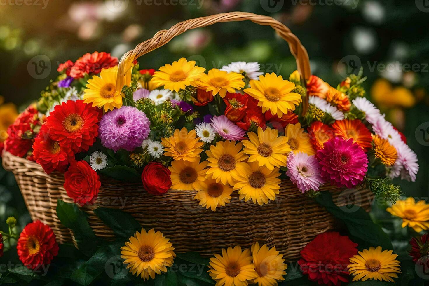 a basket full of colorful flowers on the grass. AI-Generated photo