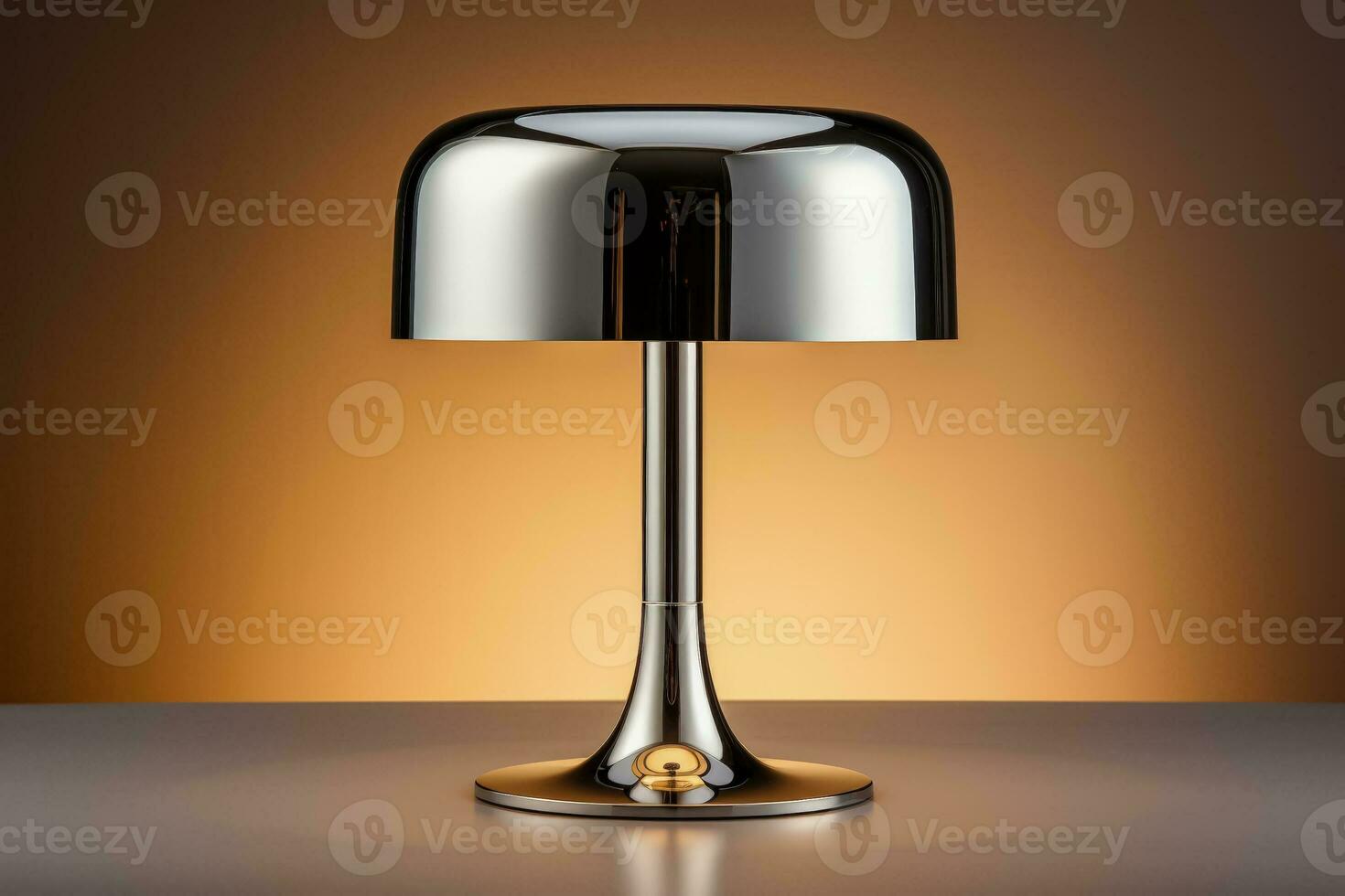 Sleek stainless steel table lamp reflecting light isolated on a gradient background photo