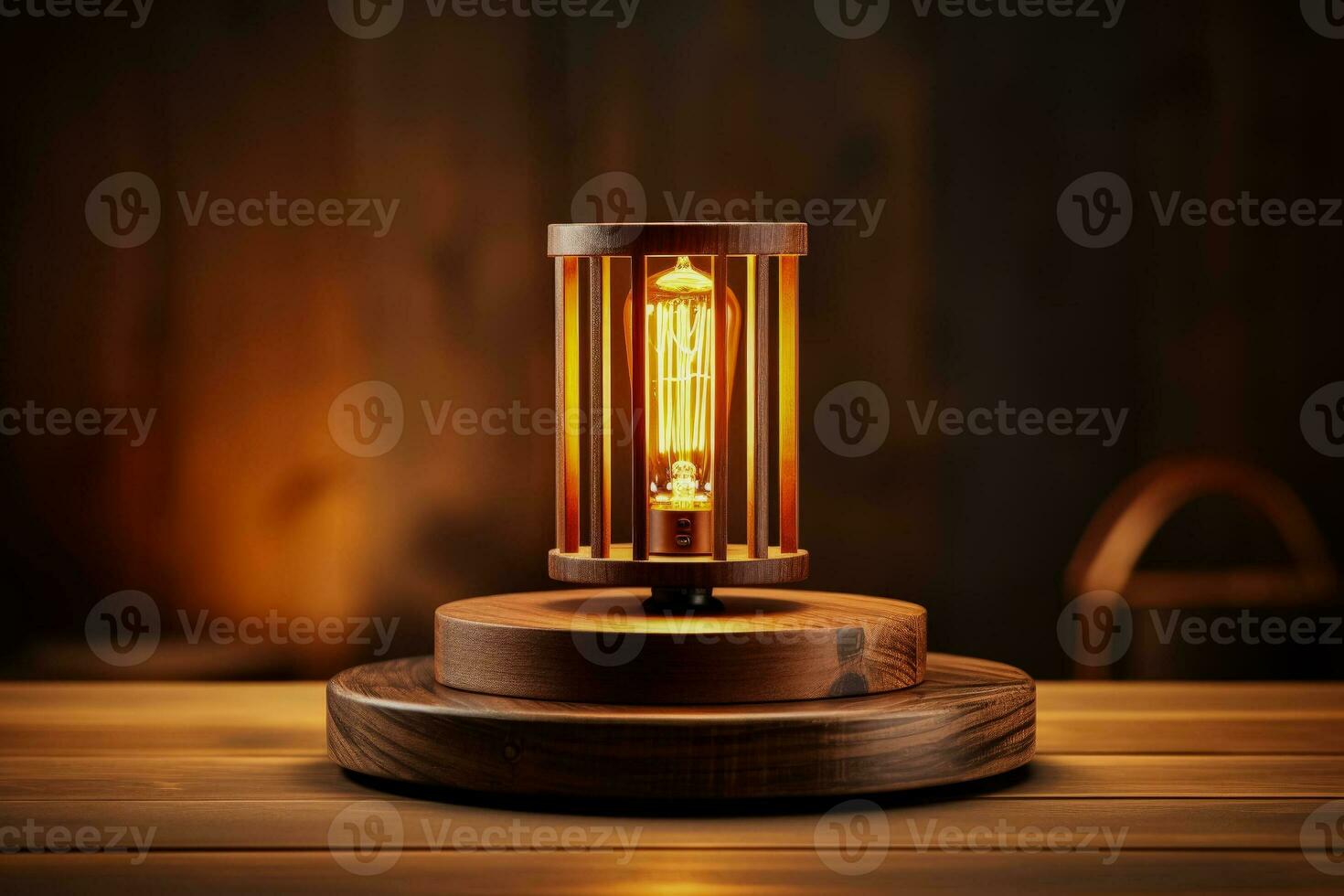 Rustic wooden table lamp radiating ambient light isolated on a gradient background photo