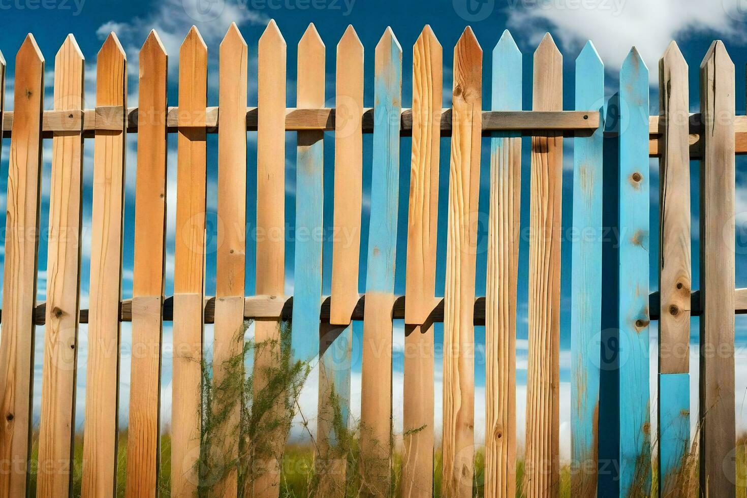 a wooden fence with blue and white paint. AI-Generated photo