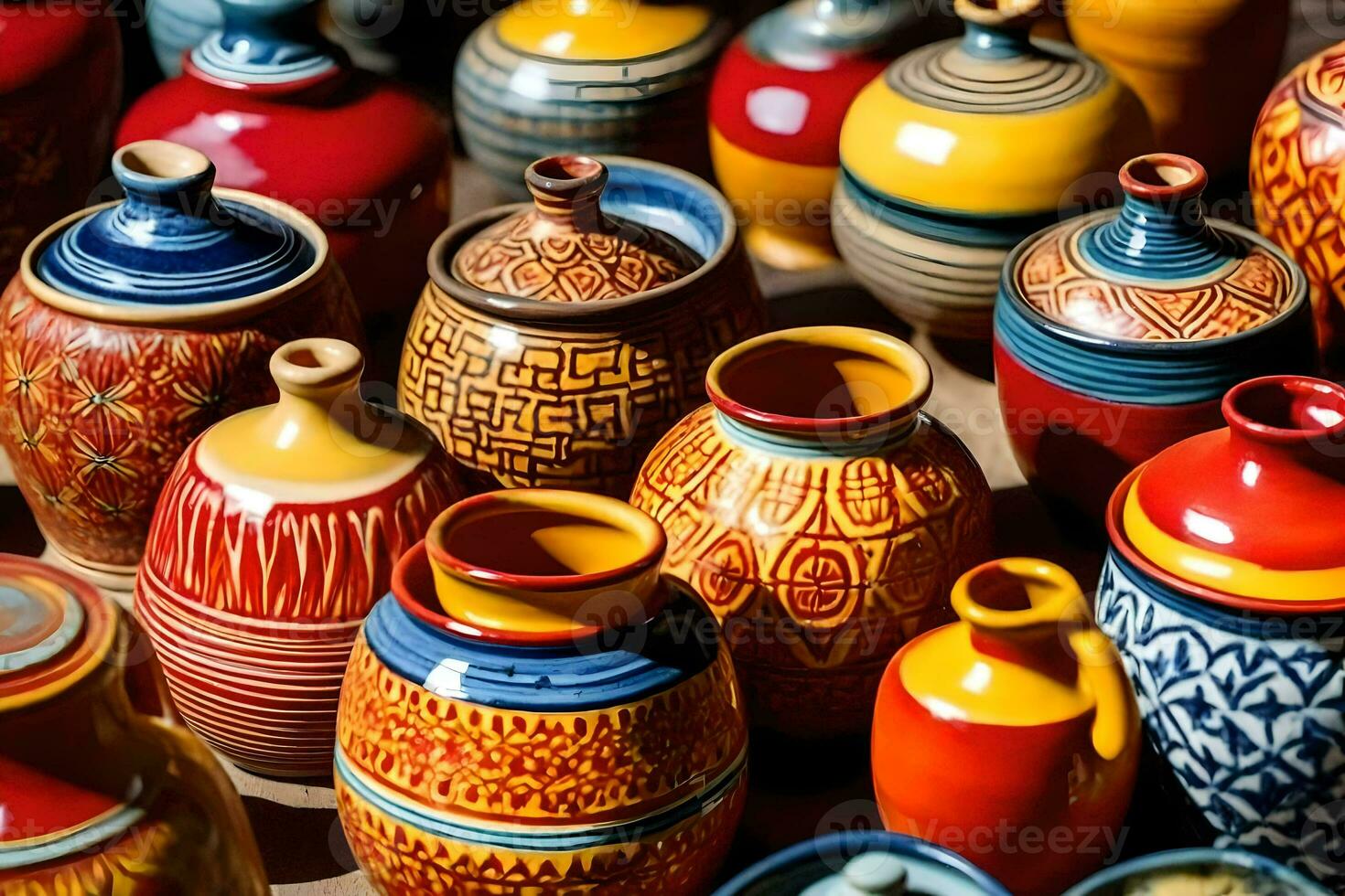 many colorful vases are displayed on a table. AI-Generated photo