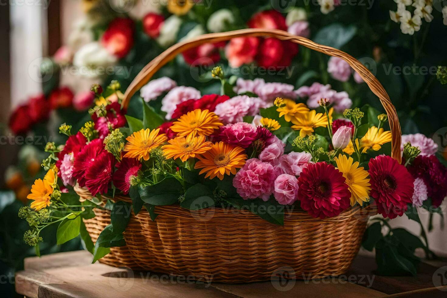 a basket full of flowers sitting on a table. AIGenerated 30886288