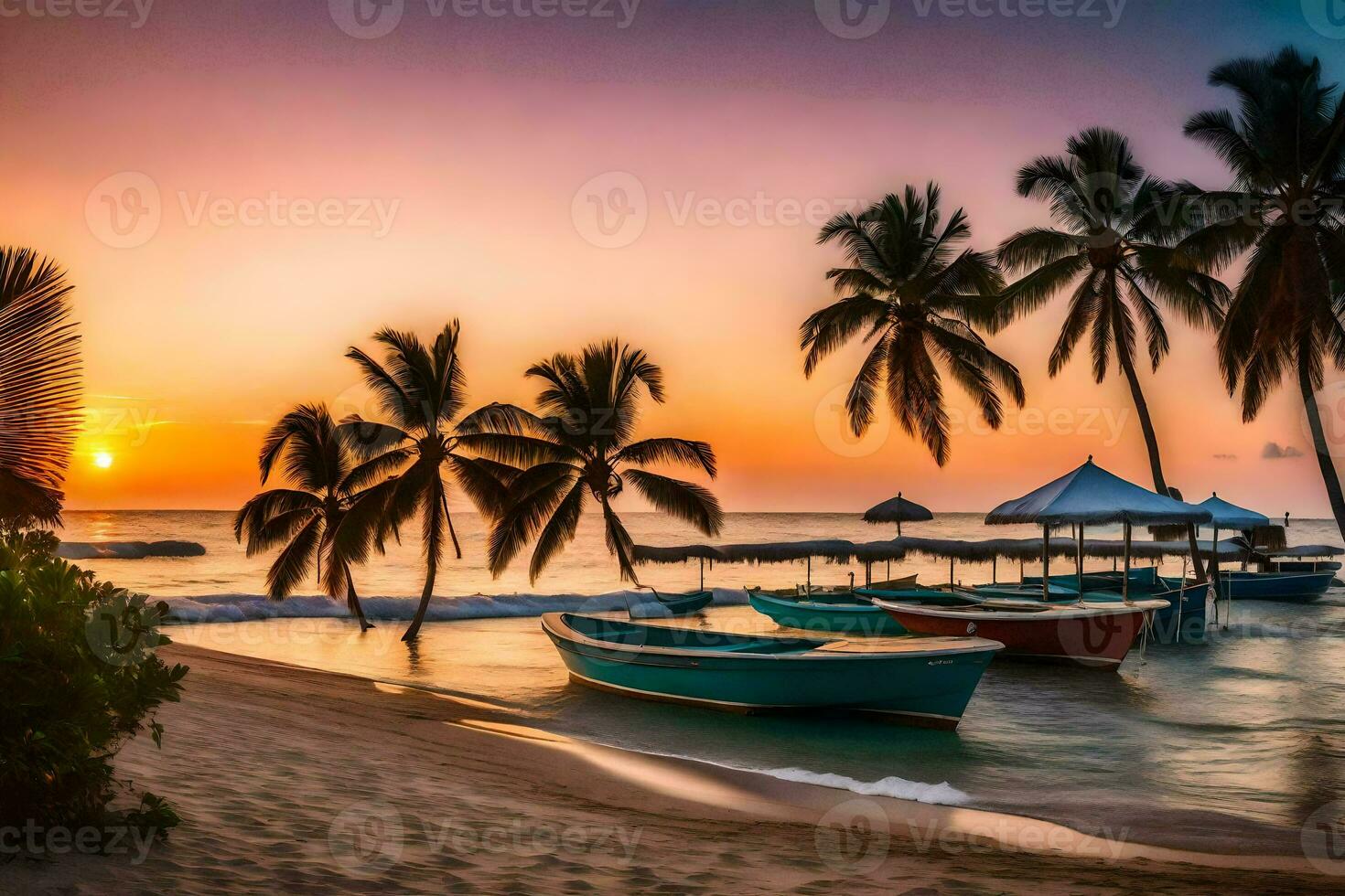 boats are docked on the beach at sunset. AI-Generated photo