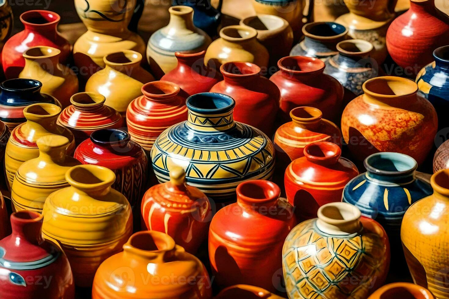 colorful vases are displayed in a shop. AI-Generated photo