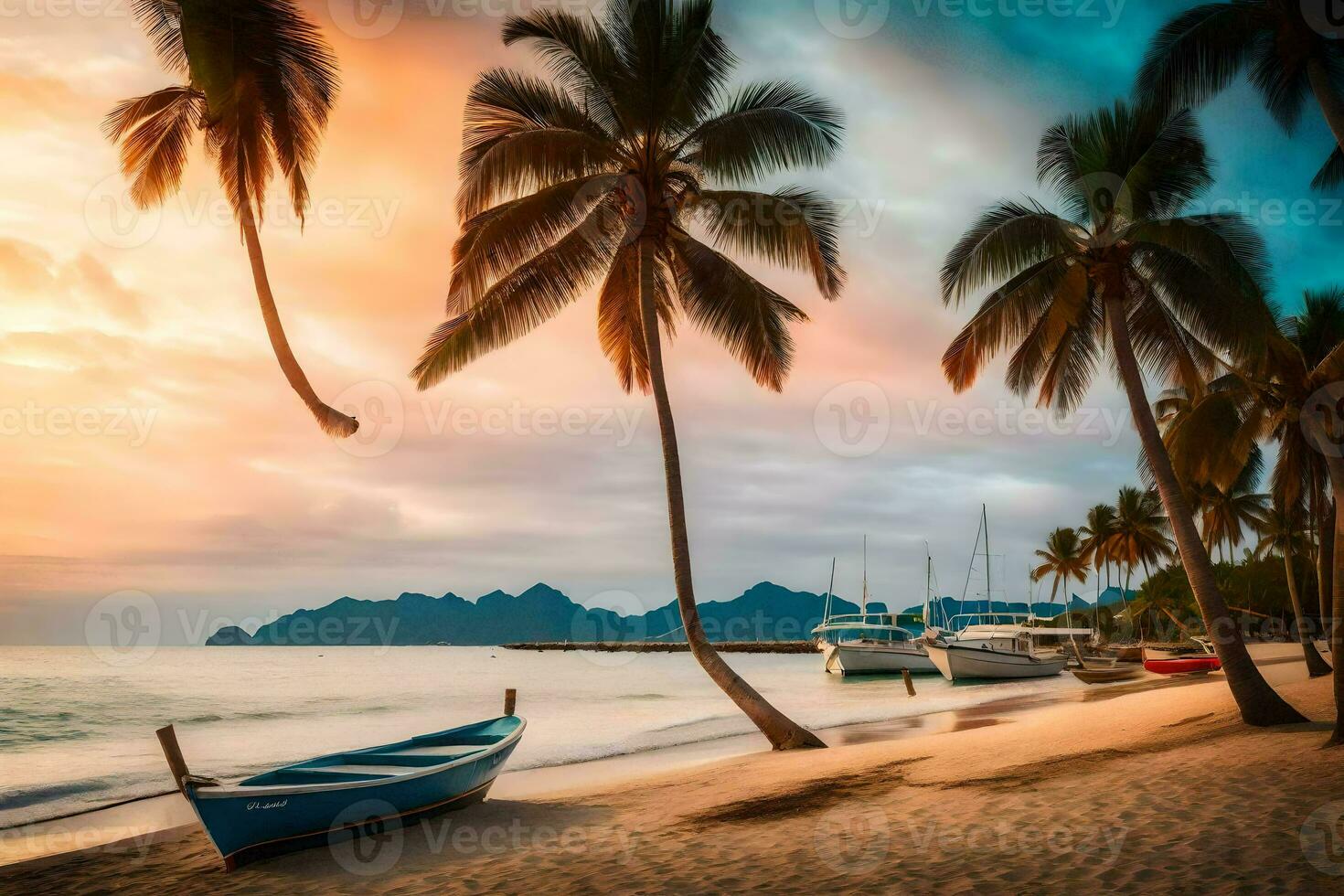 a boat sits on the beach at sunset with palm trees. AI-Generated photo