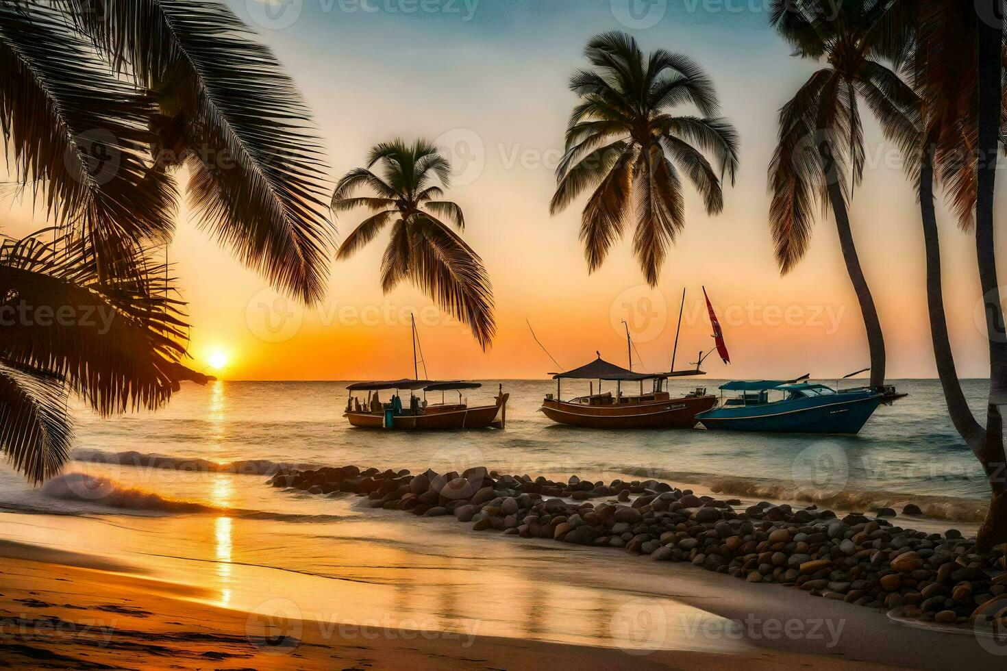 un hermosa puesta de sol en el playa con barcos y palma arboles generado por ai foto