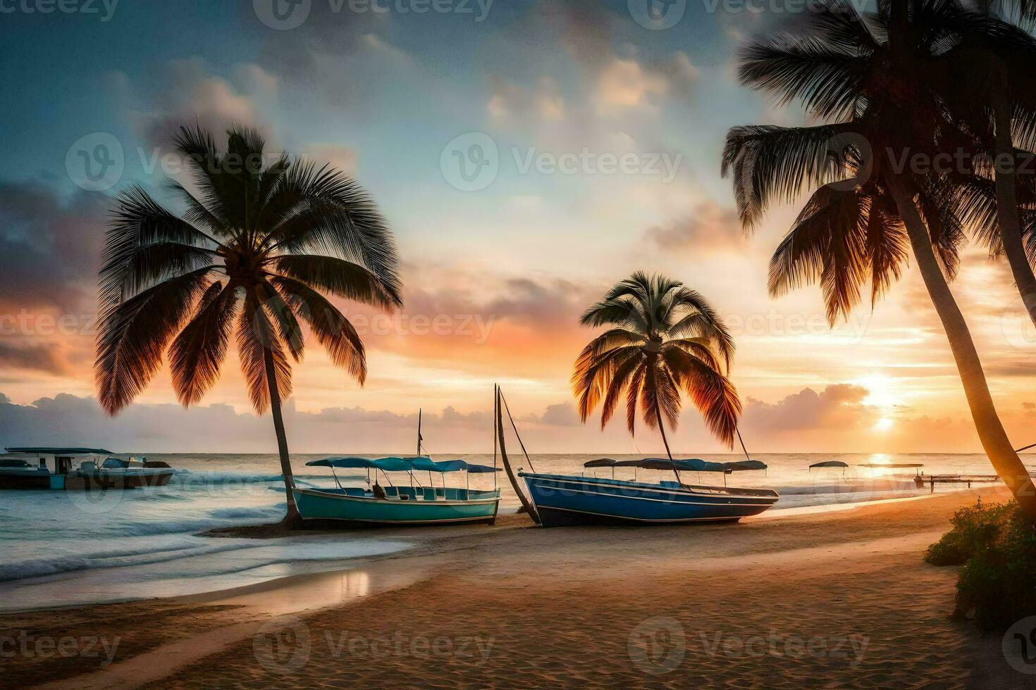 boats on the beach at sunset with palm trees. AI-Generated photo