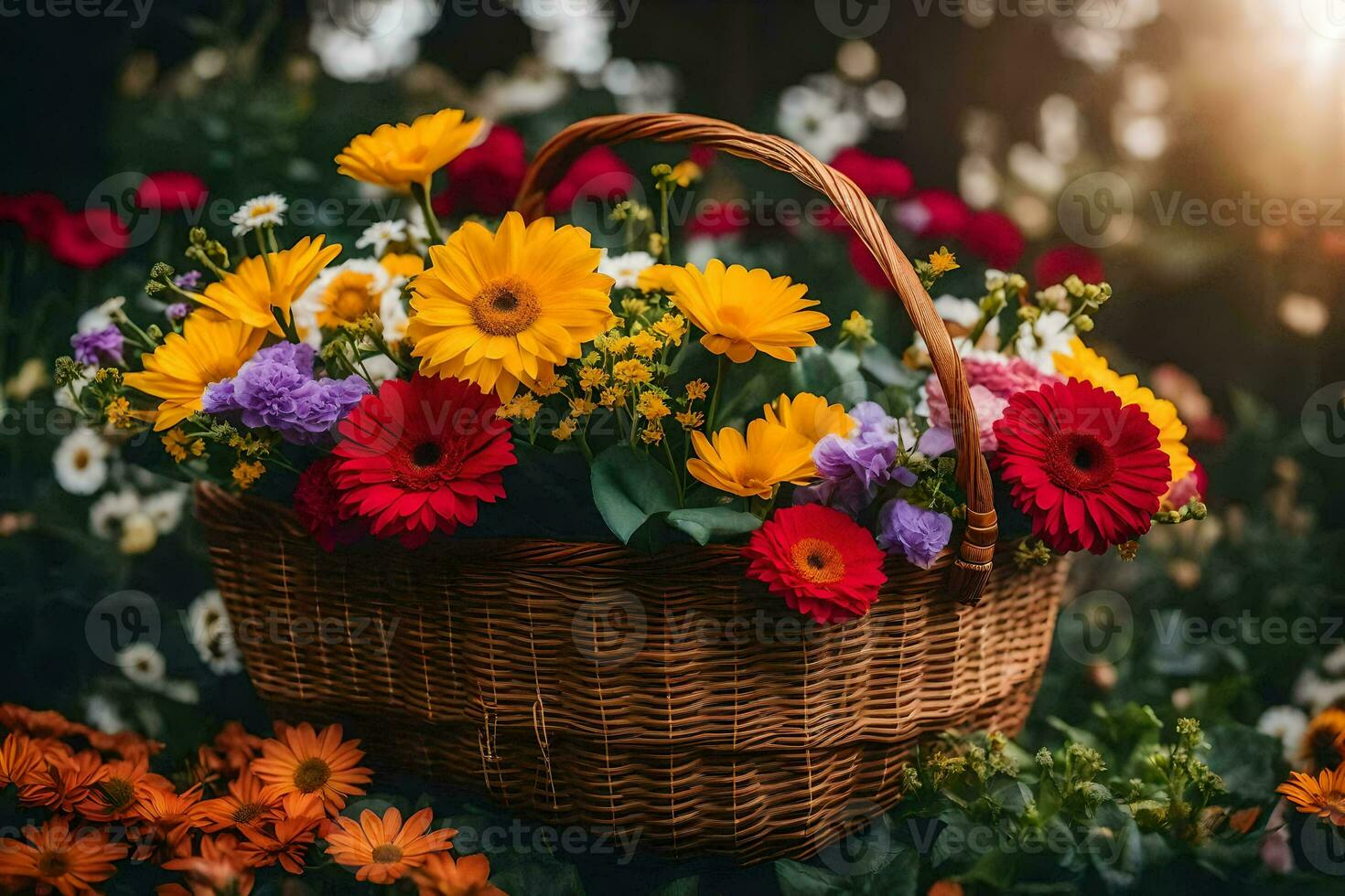 a basket full of colorful flowers on the grass. AI-Generated photo