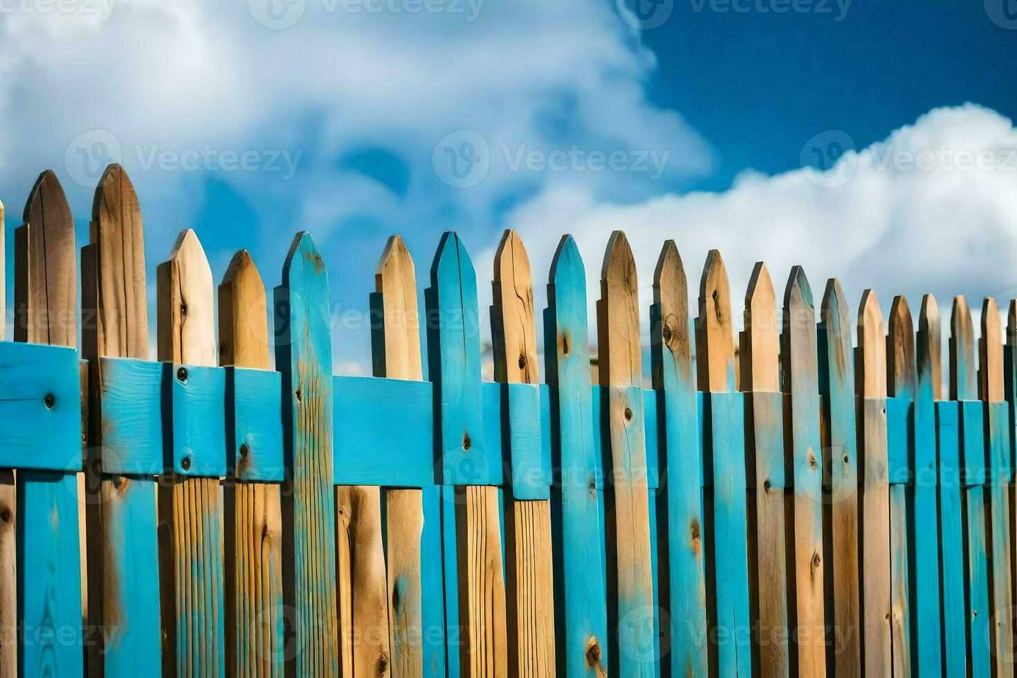 a wooden fence with blue paint on it. AI-Generated photo