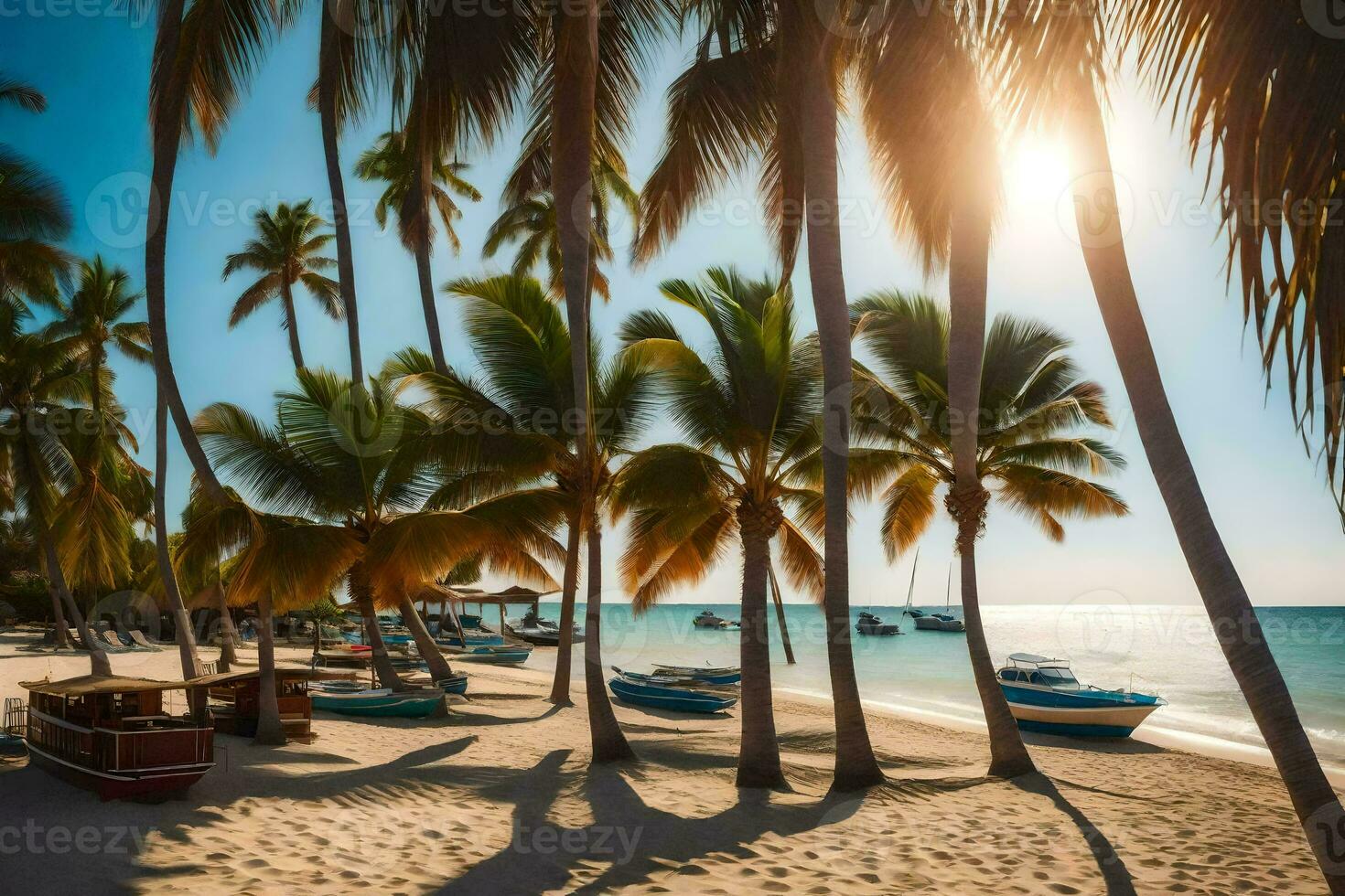 palm trees and boats on a beach. AI-Generated photo