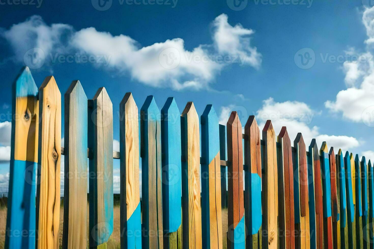 a colorful fence with a blue sky in the background. AI-Generated photo