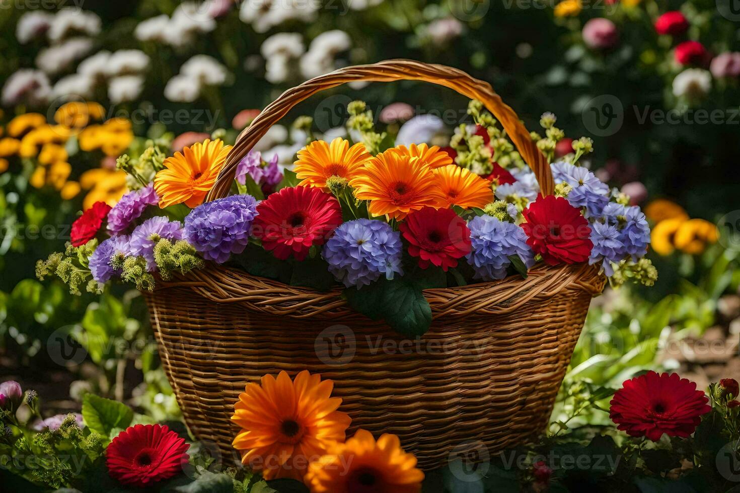 a basket full of colorful flowers on a grassy field. AI-Generated photo