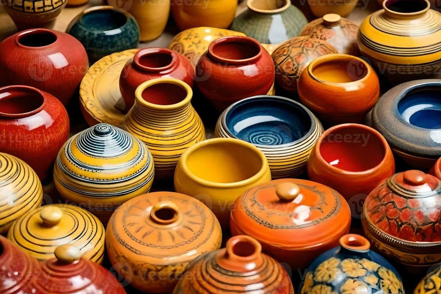 many colorful pottery vases are displayed in a row. AI-Generated photo