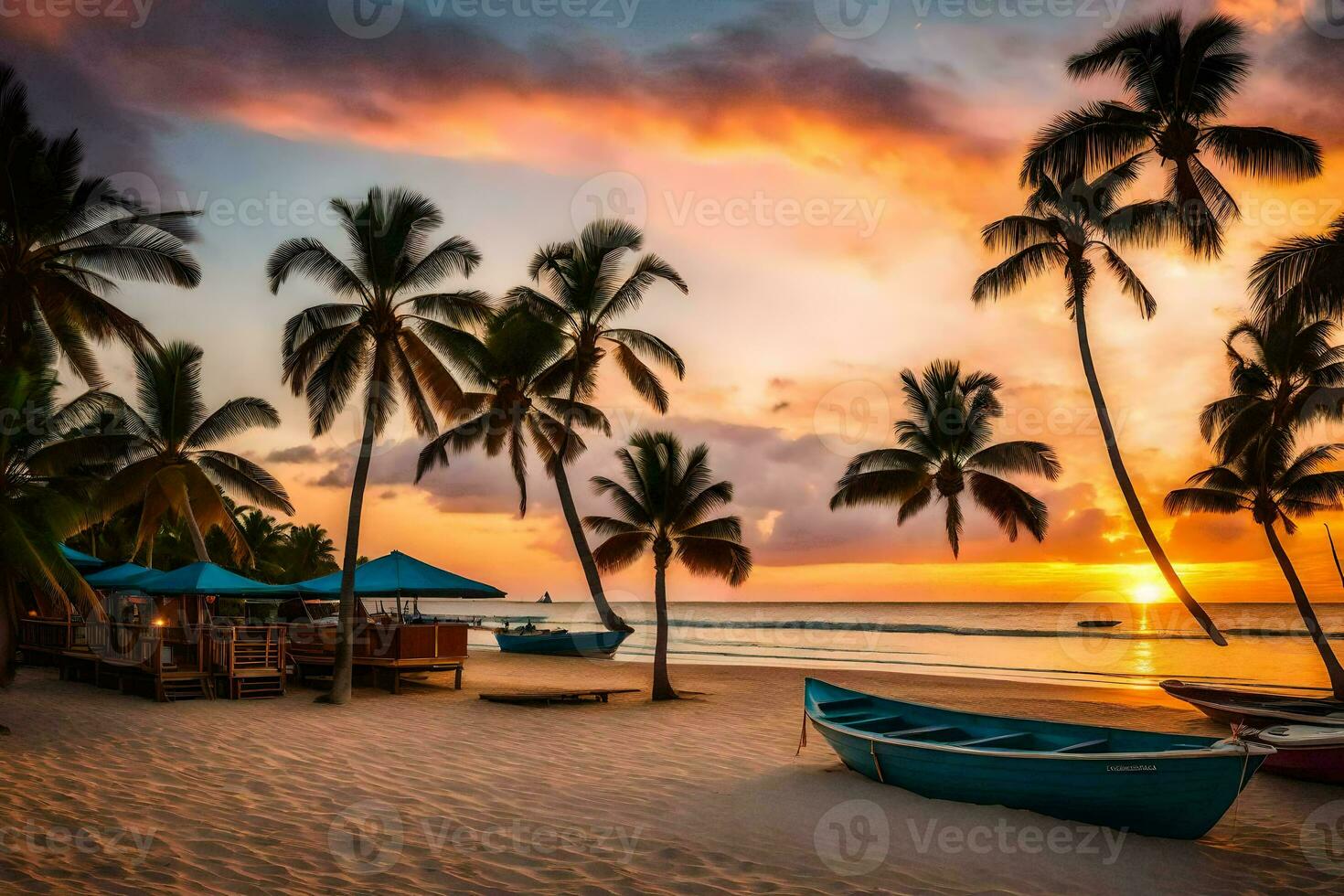 un hermosa puesta de sol en el playa con palma arboles generado por ai foto