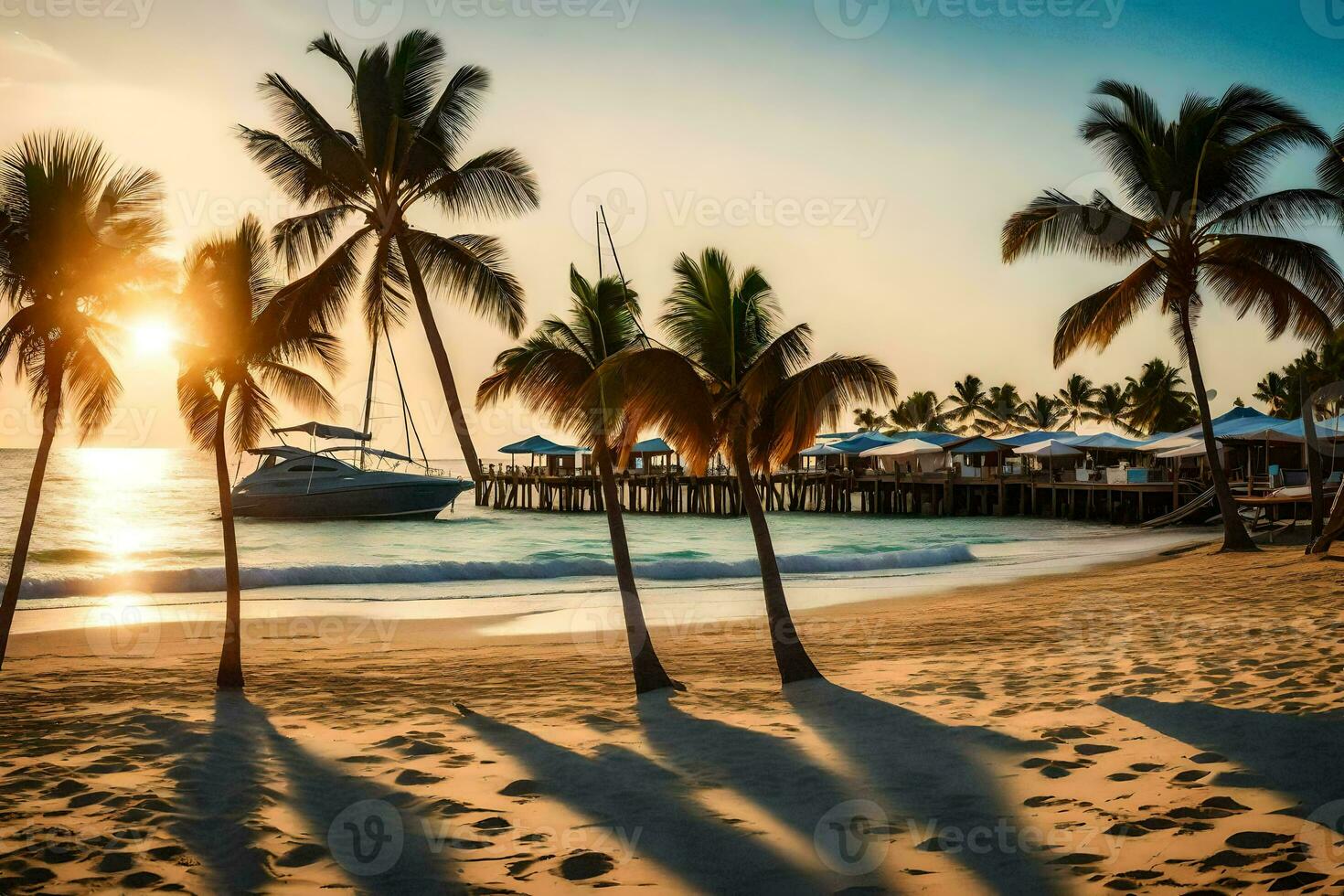 palma arboles en el playa a puesta de sol. generado por ai foto