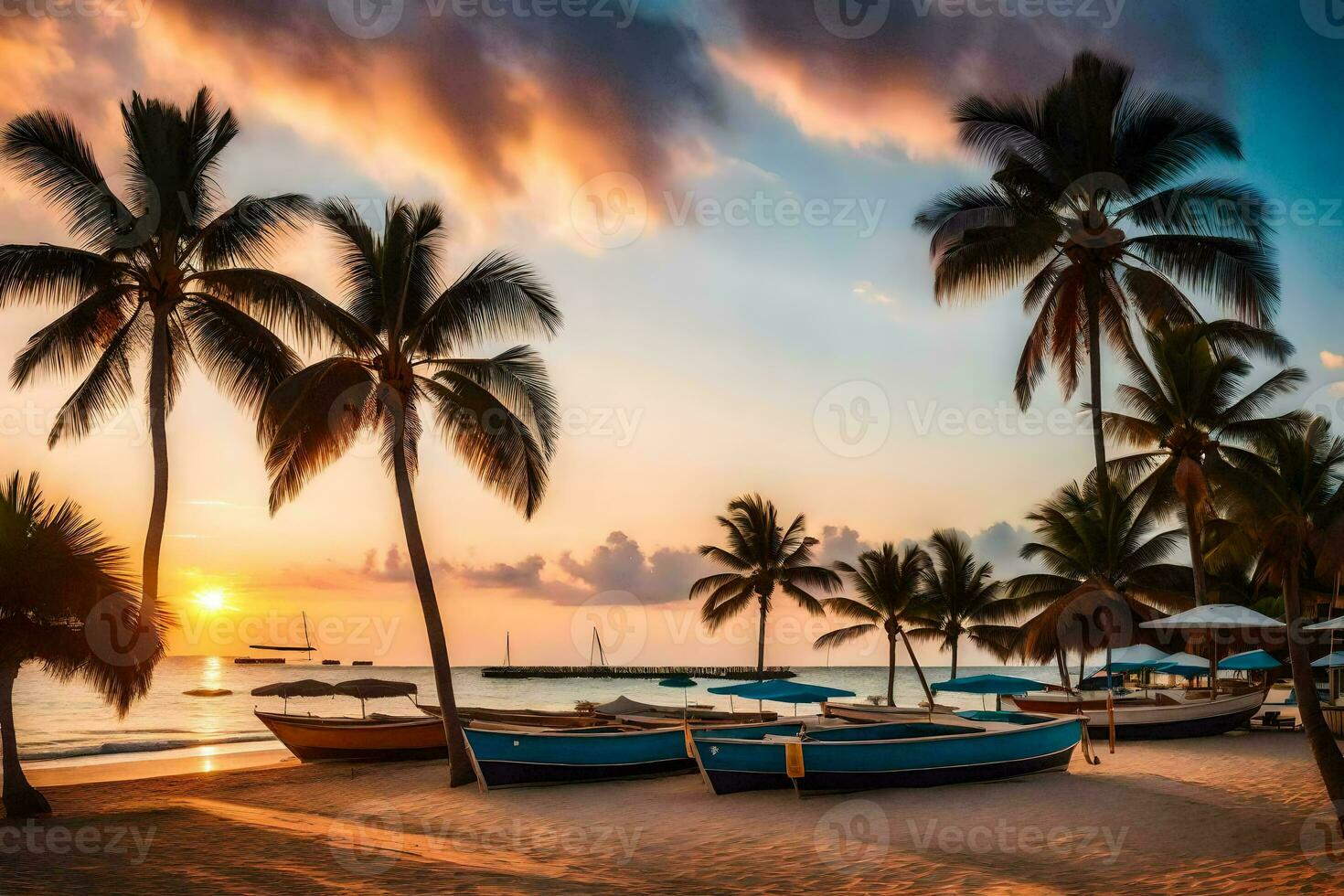 un hermosa puesta de sol en el playa con barcos y palma arboles generado por ai foto