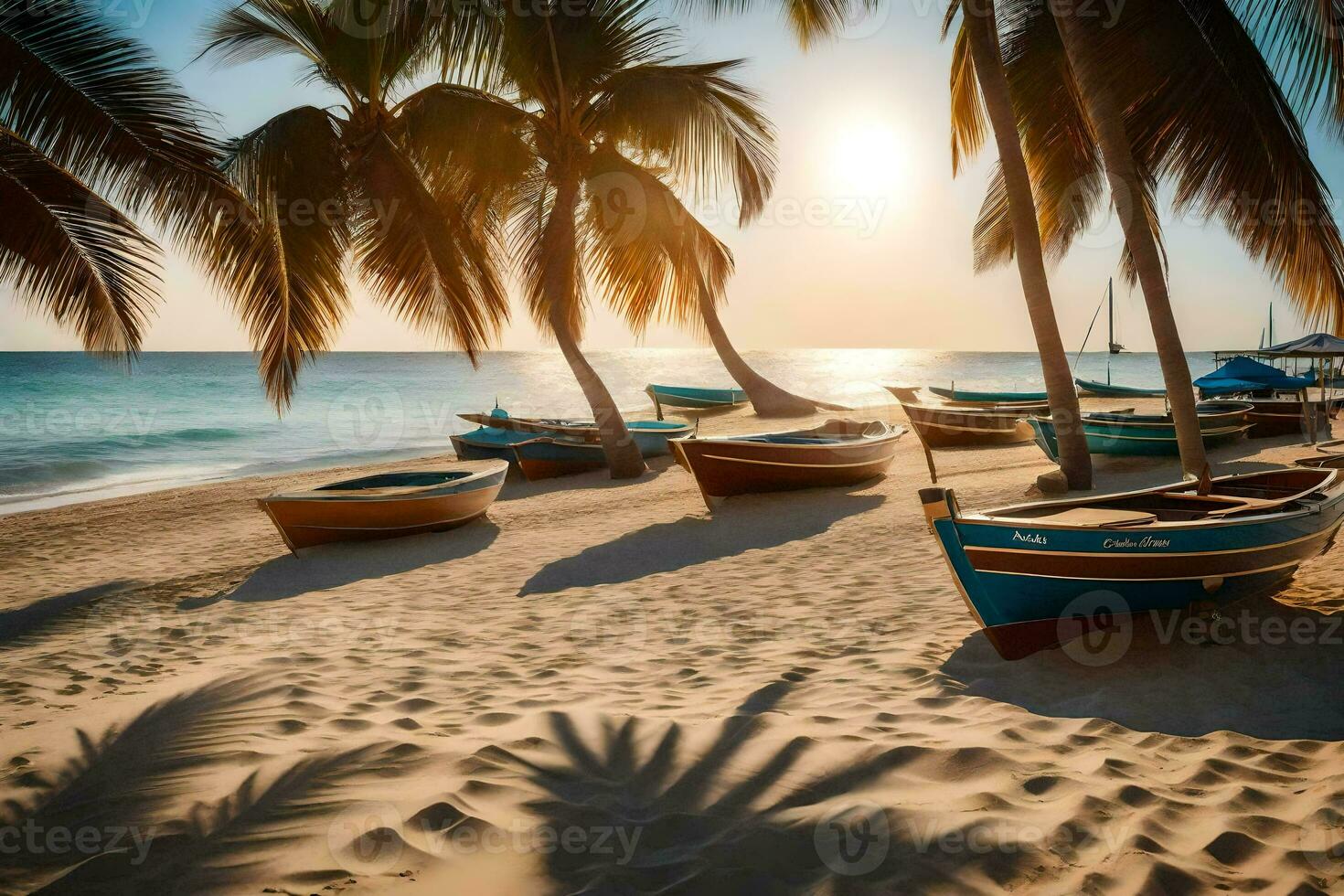 barcos en el playa a puesta de sol. generado por ai foto