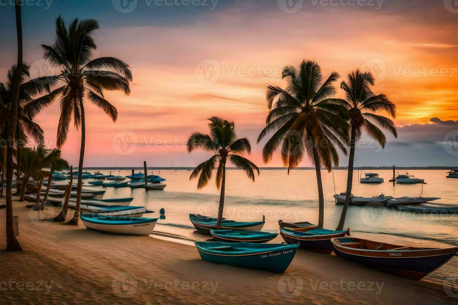 barcos en el playa a puesta de sol. generado por ai foto