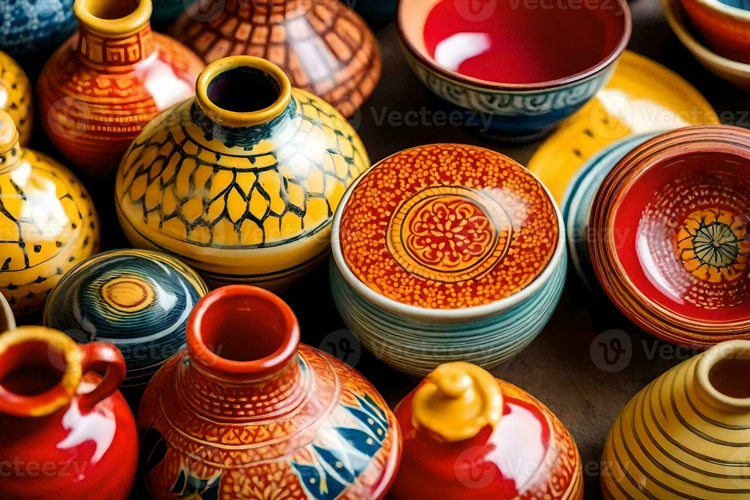 many colorful ceramic vases and bowls are arranged on a table. AI-Generated photo