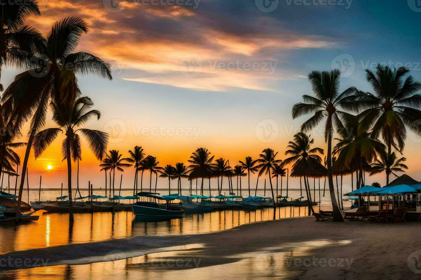 el puesta de sol es reflejado en el agua a un playa con palma arboles generado por ai foto