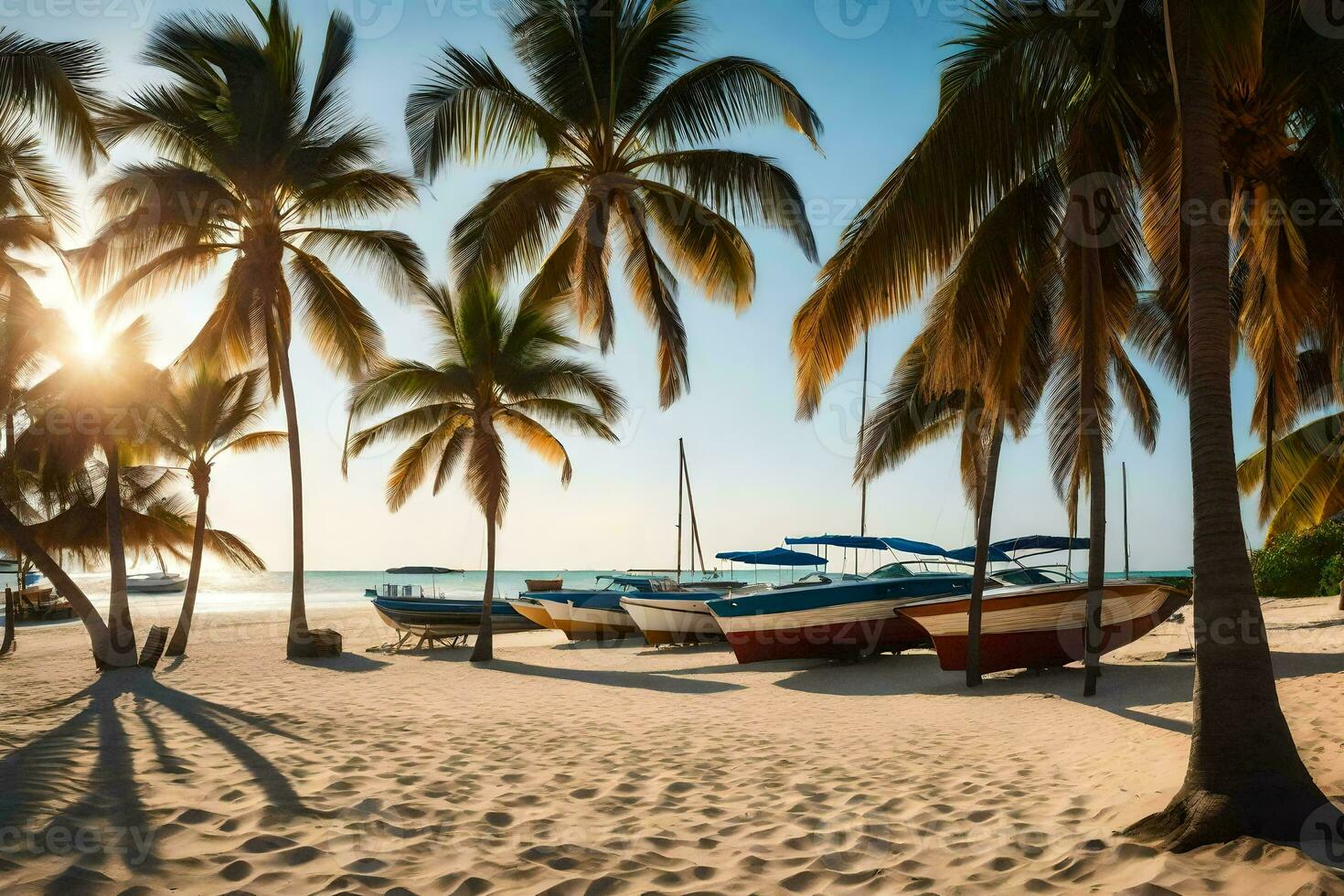 barcos en el playa a puesta de sol con palma arboles generado por ai foto