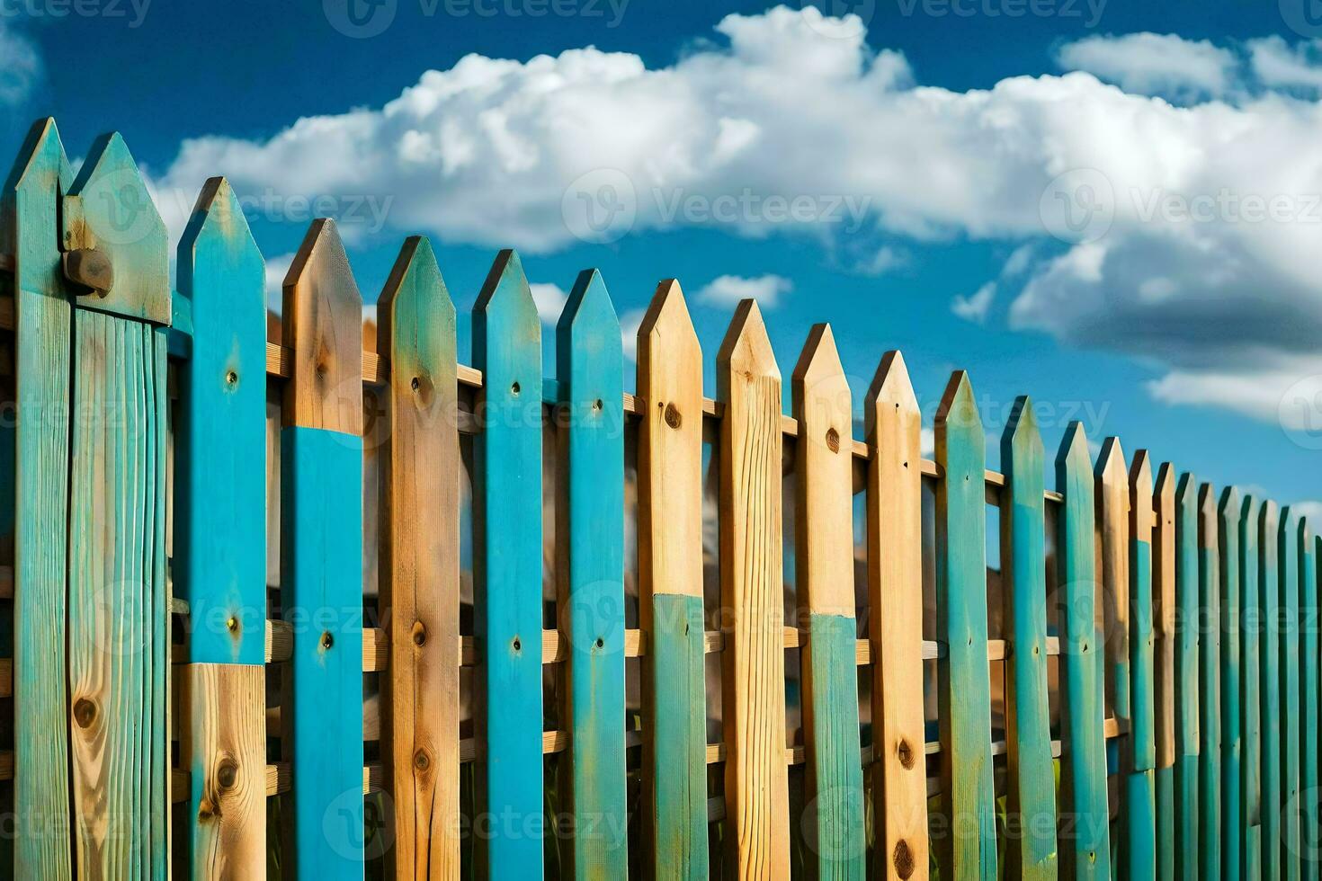 a wooden fence with blue and green paint. AI-Generated photo