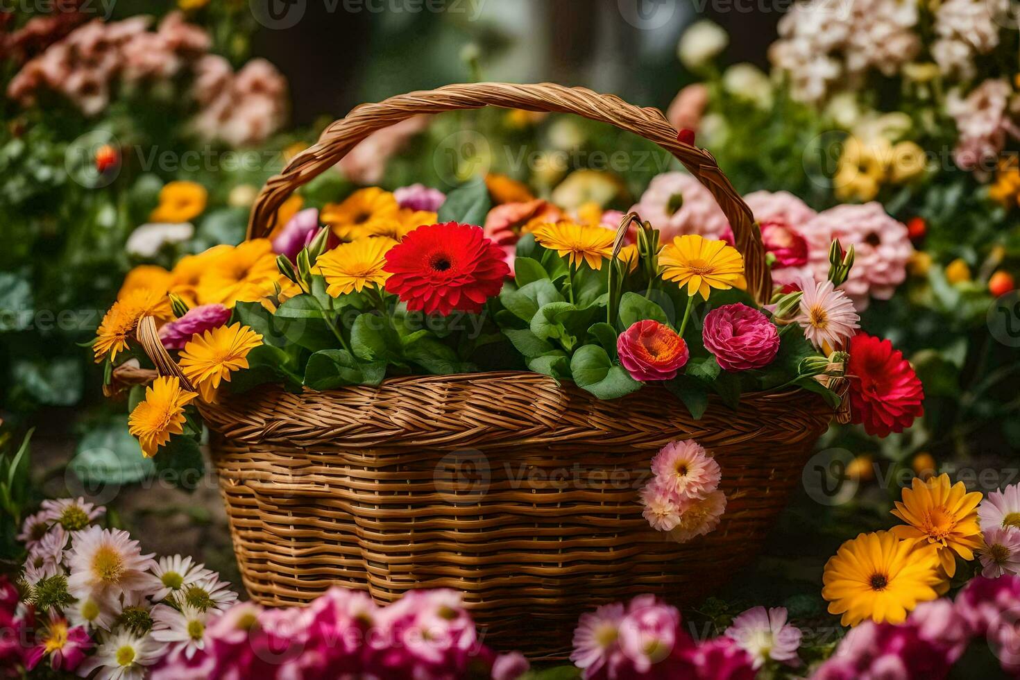 a basket full of colorful flowers on a grassy field. AI-Generated photo