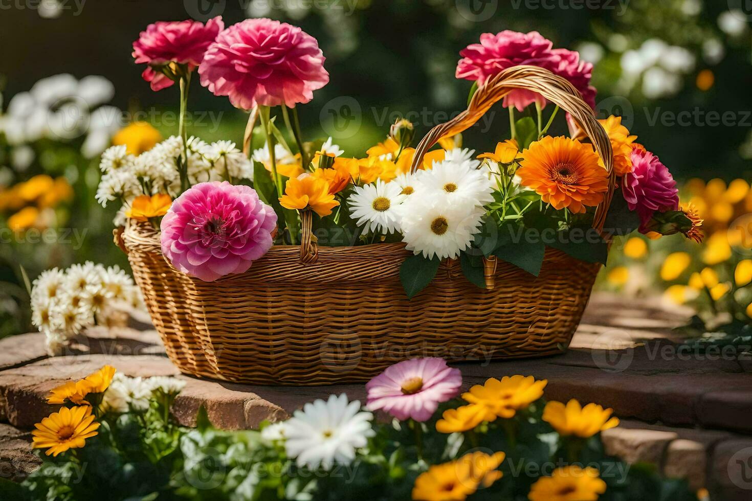 a basket full of colorful flowers sitting on a stone patio. AI-Generated photo