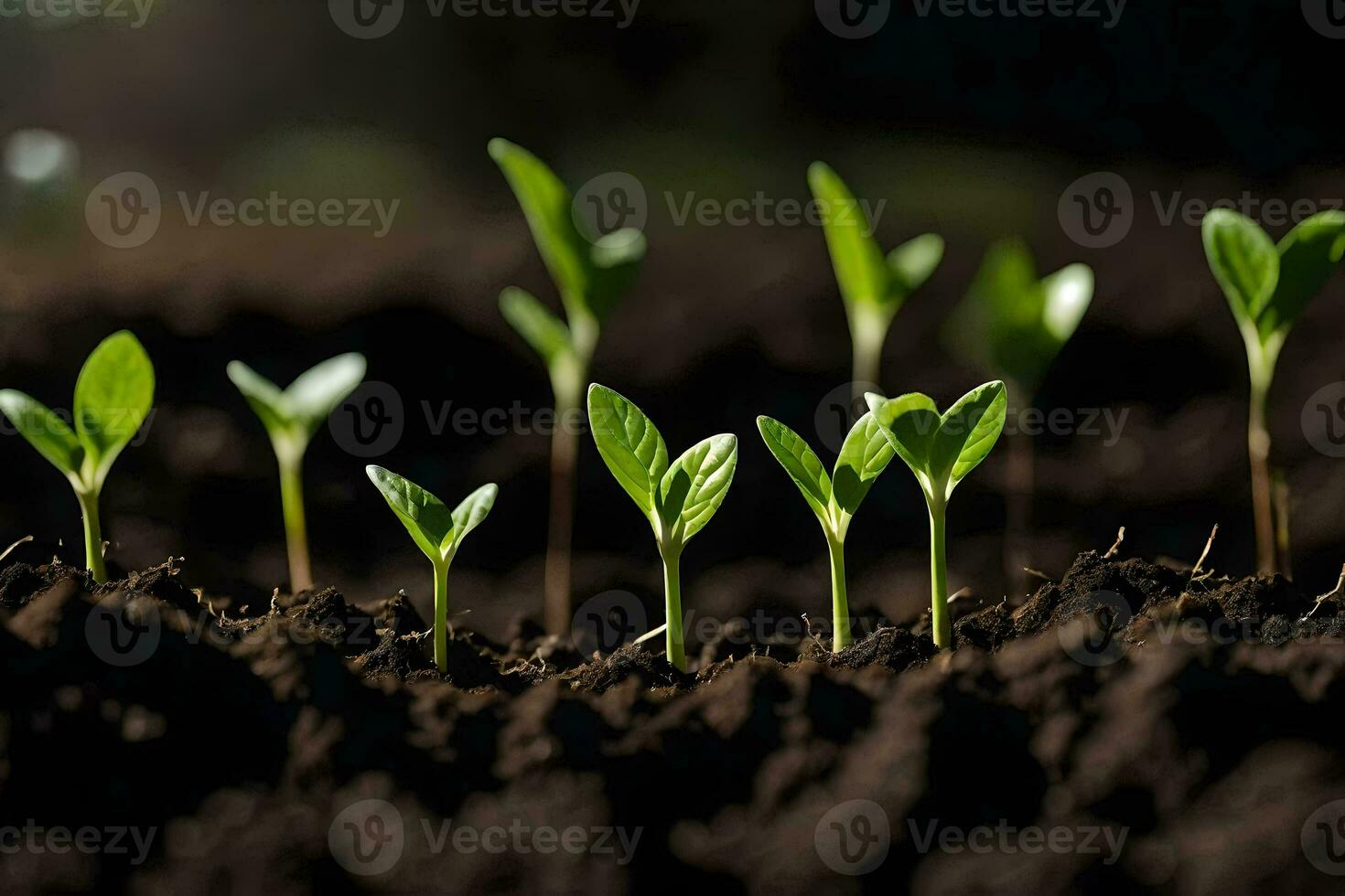 a group of young plants growing in the dirt. AI-Generated photo