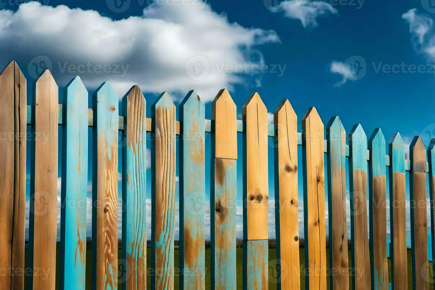 a wooden fence with blue and yellow paint. AI-Generated photo