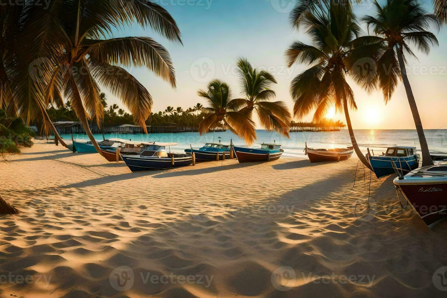 barcos en el playa a puesta de sol con palma arboles generado por ai foto