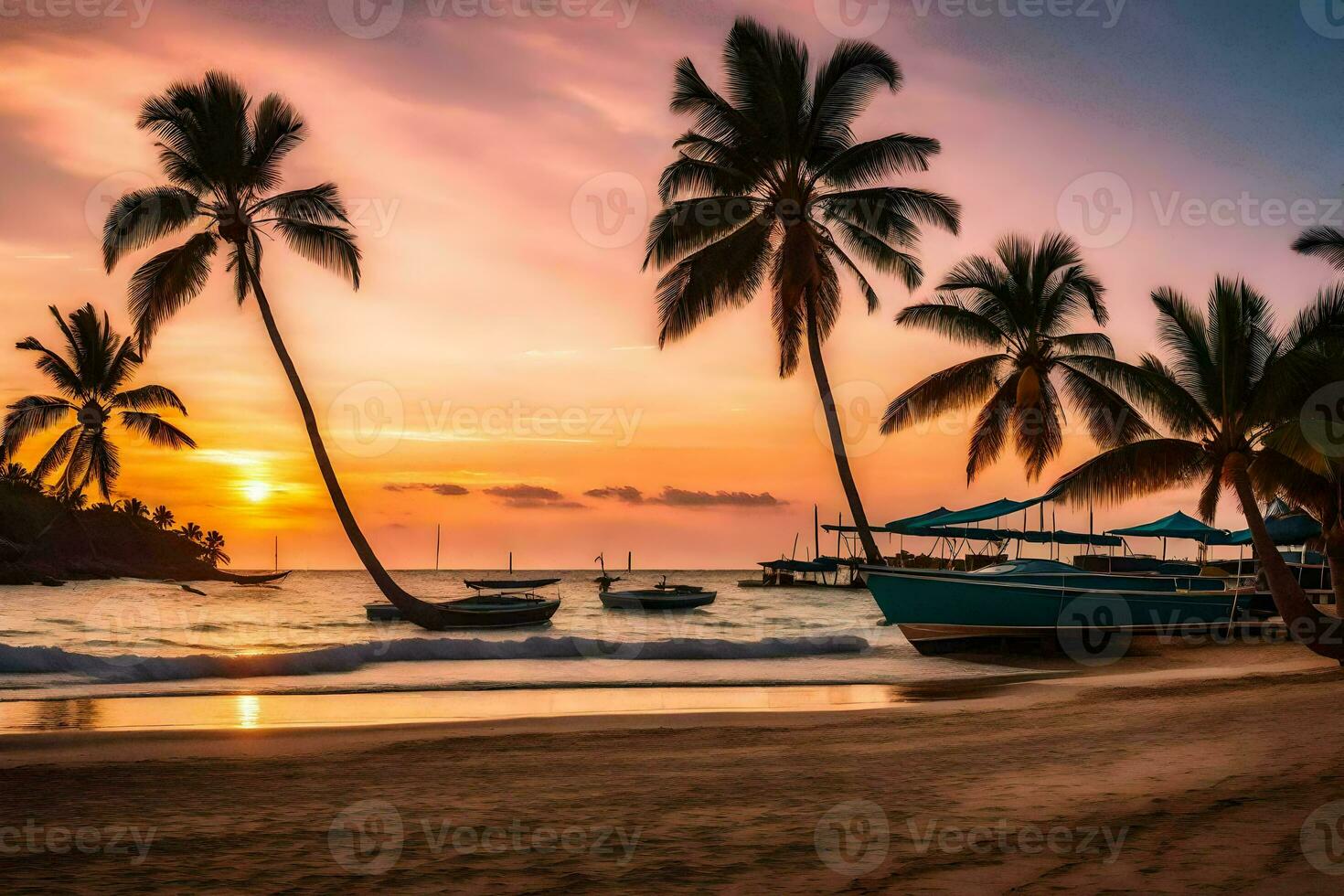 a beautiful sunset on the beach with palm trees. AI-Generated photo