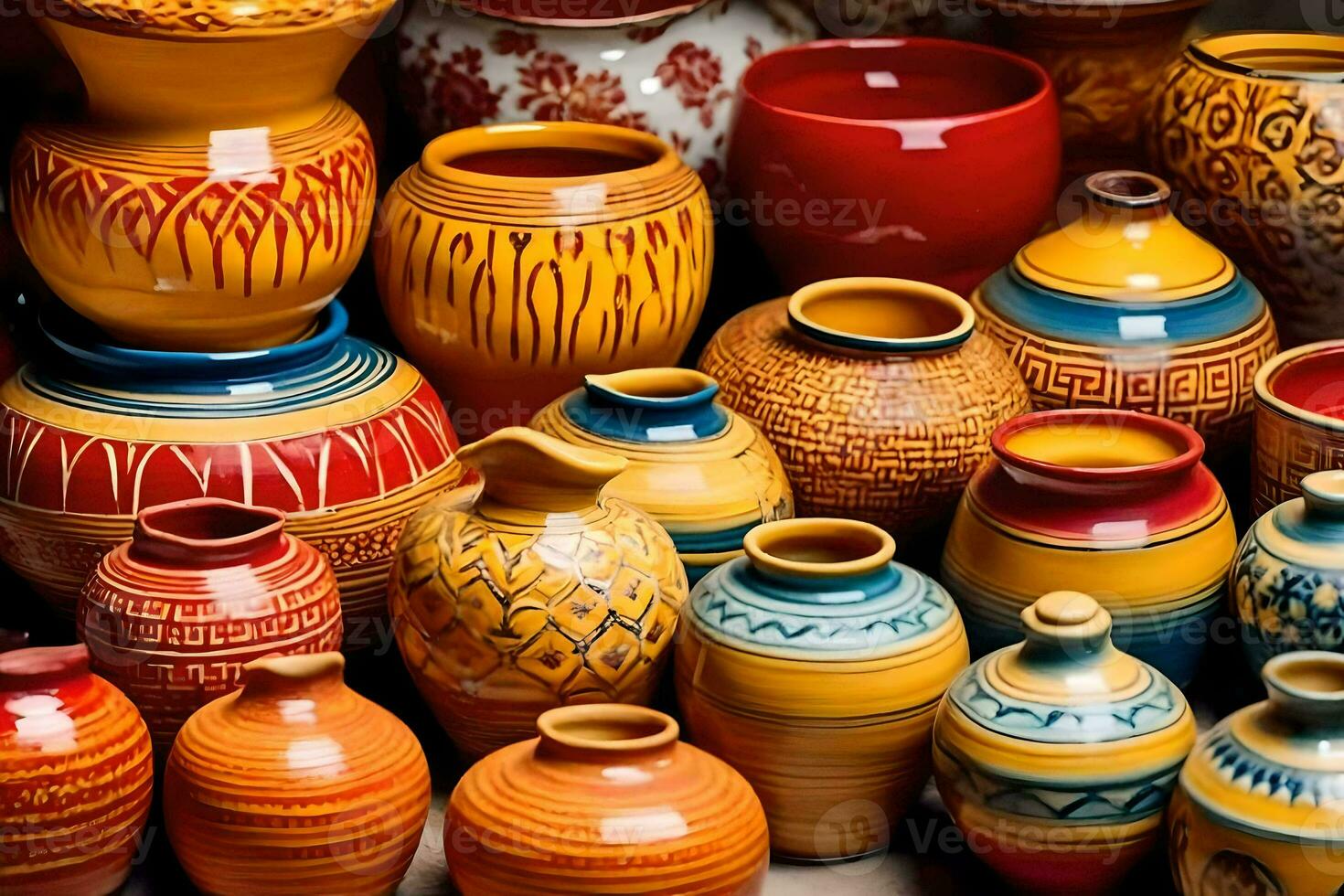 many colorful pottery vases are displayed in a display. AI-Generated photo