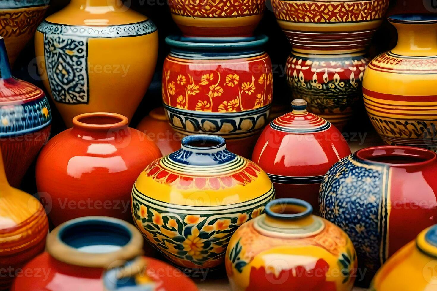 many colorful vases are displayed in a display. AI-Generated photo