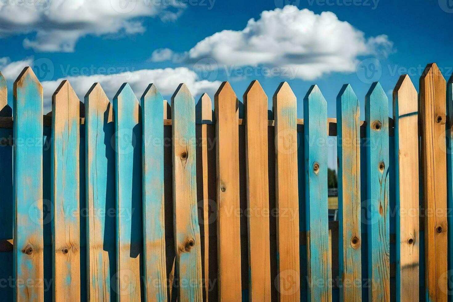 a wooden fence with blue paint on it. AI-Generated photo