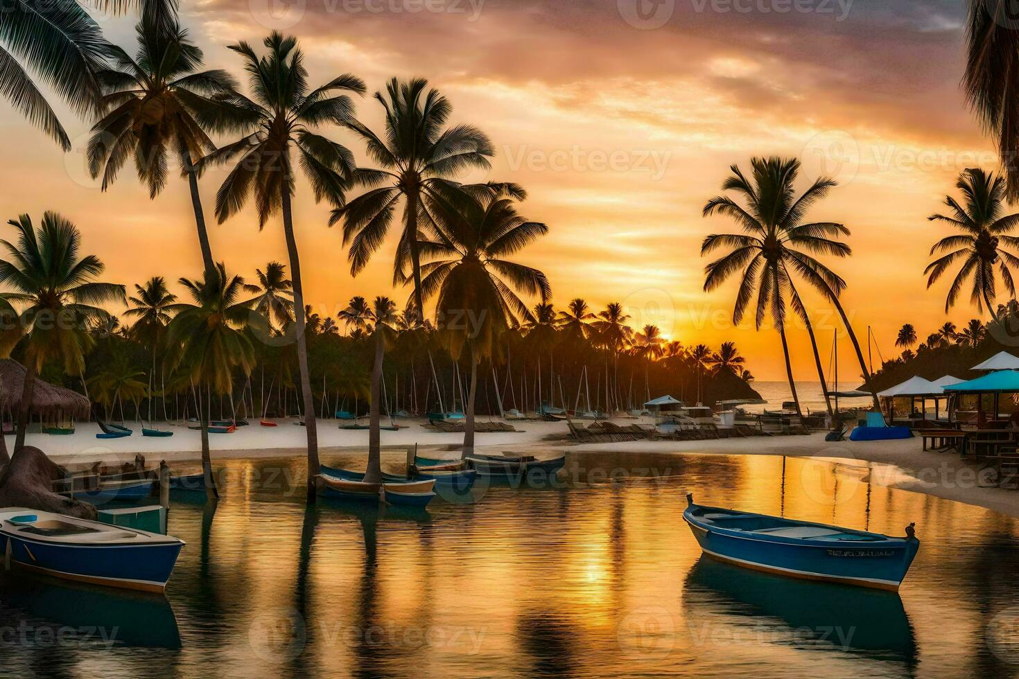 boats are docked at the beach during sunset. AI-Generated photo