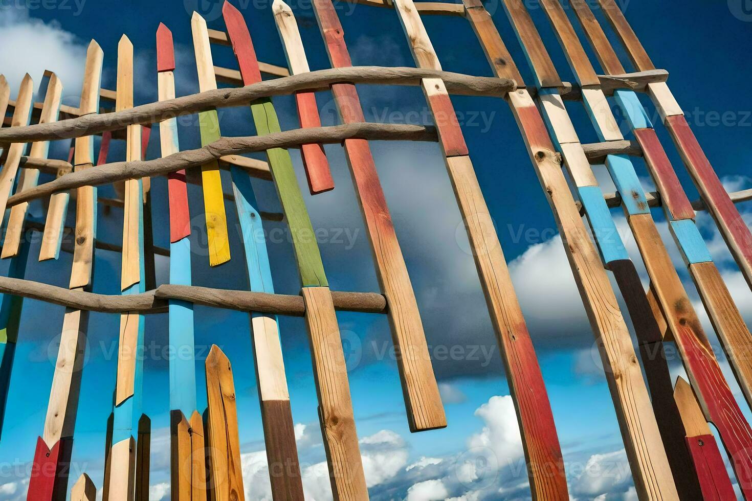 a colorful fence made of wooden sticks. AI-Generated photo