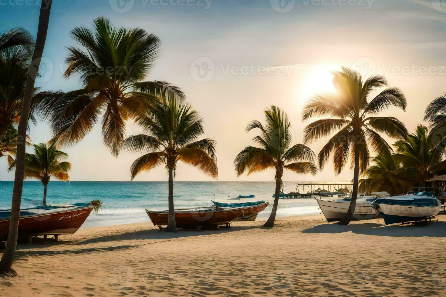 barcos en el playa a puesta de sol. generado por ai foto