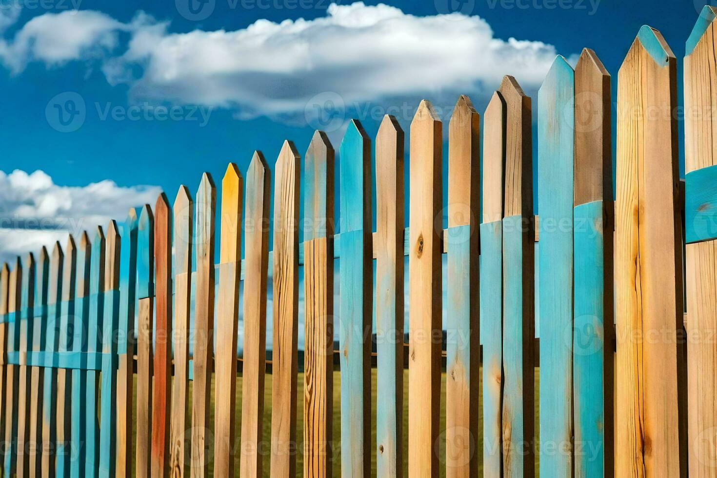 a wooden fence with blue sky and clouds. AI-Generated photo
