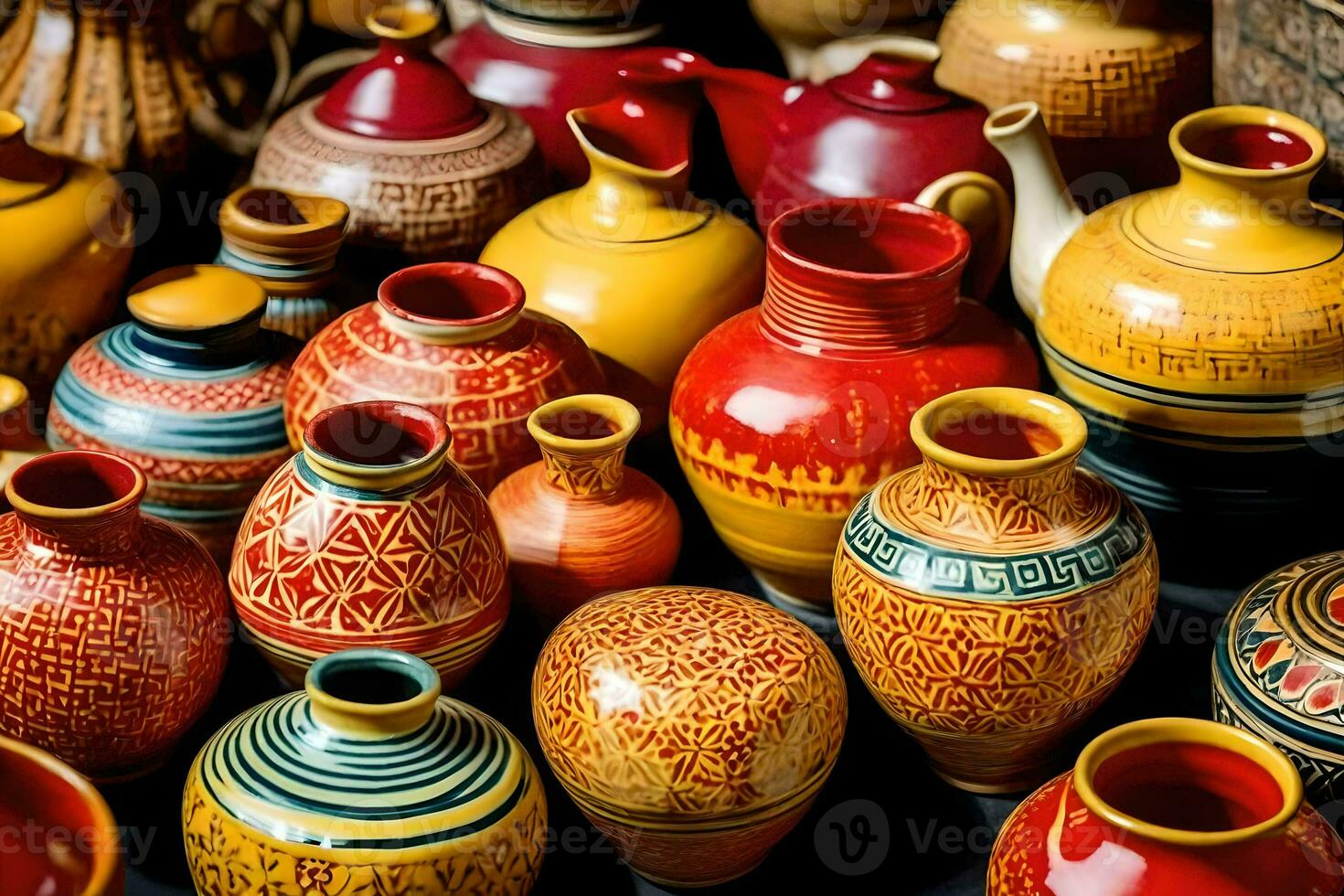many colorful vases are displayed on a table. AI-Generated photo