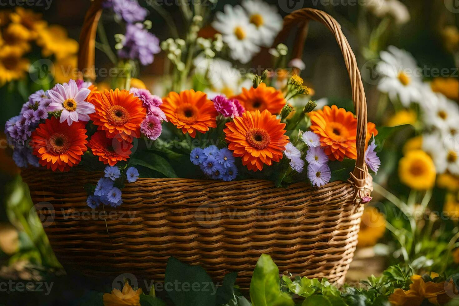 un cesta lleno de flores es metido en el suelo. generado por ai foto