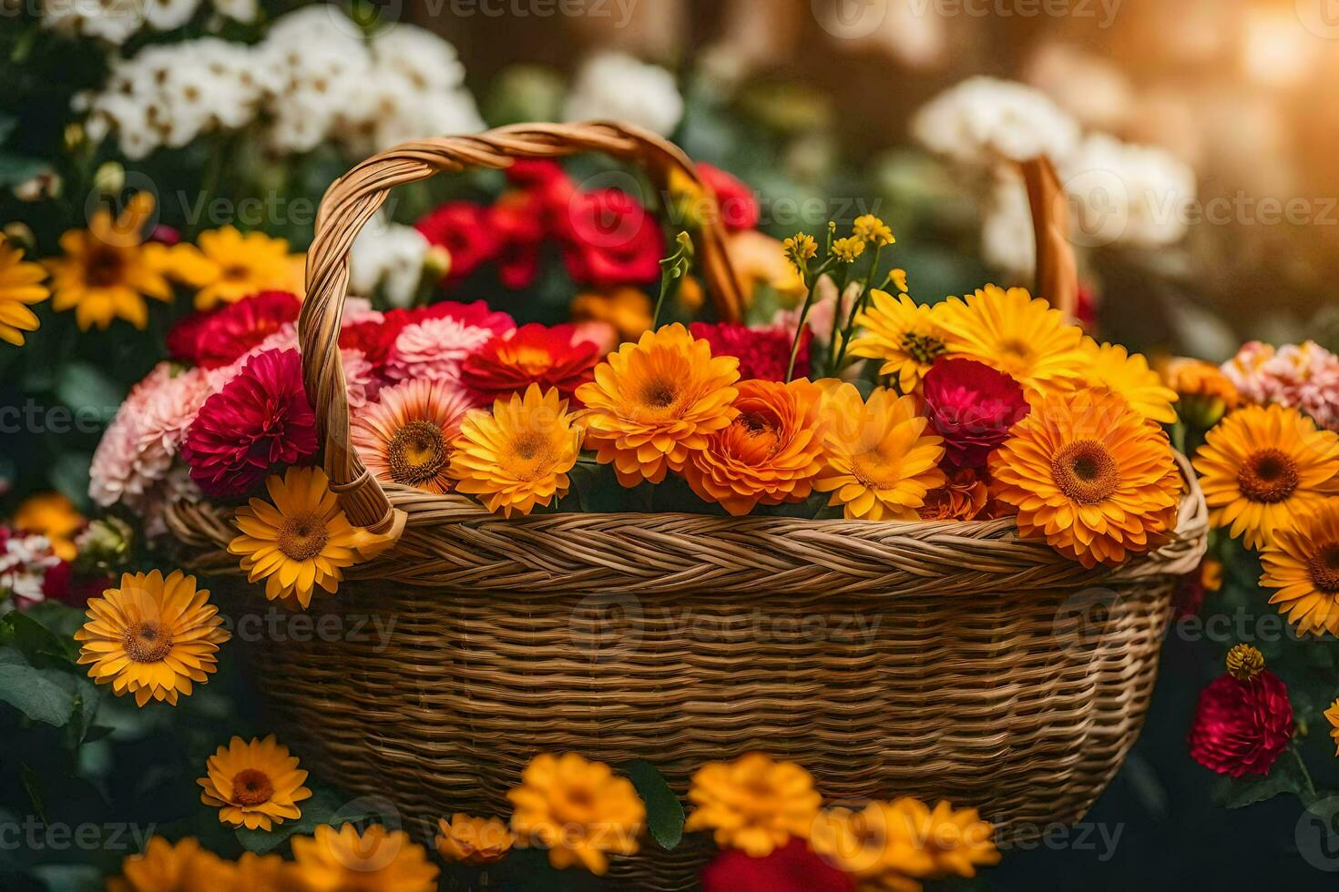 un cesta lleno de flores en el jardín. generado por ai foto