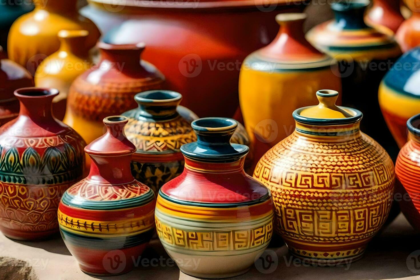many colorful vases are lined up on a table. AI-Generated photo