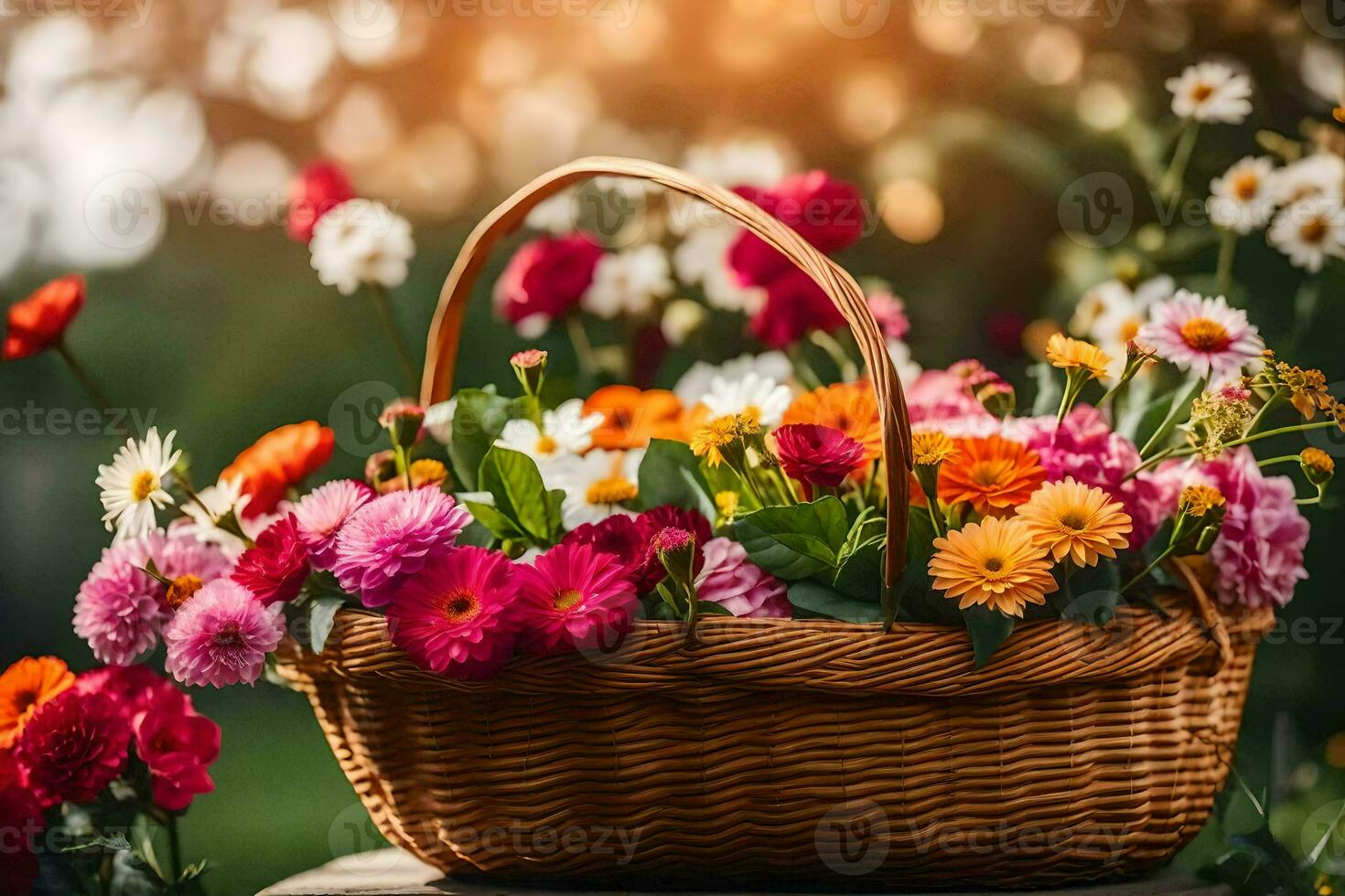 a basket full of colorful flowers on a wooden table. AI-Generated photo